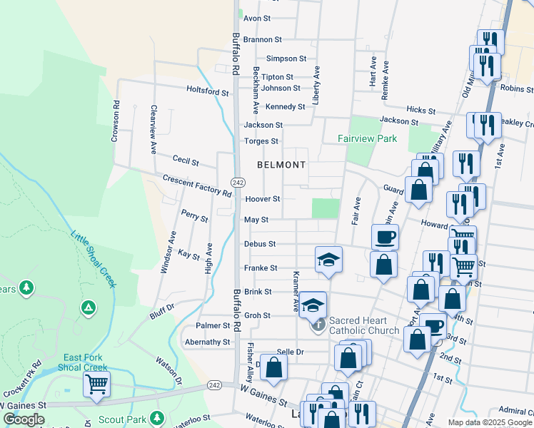 map of restaurants, bars, coffee shops, grocery stores, and more near 321 May Street in Lawrenceburg
