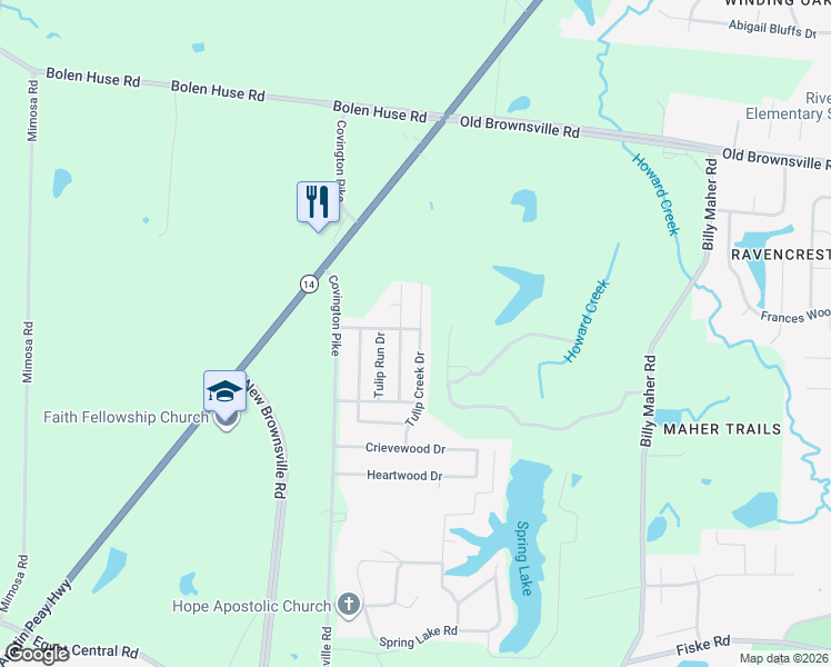 map of restaurants, bars, coffee shops, grocery stores, and more near 4608 Tulip Creek Drive in Memphis