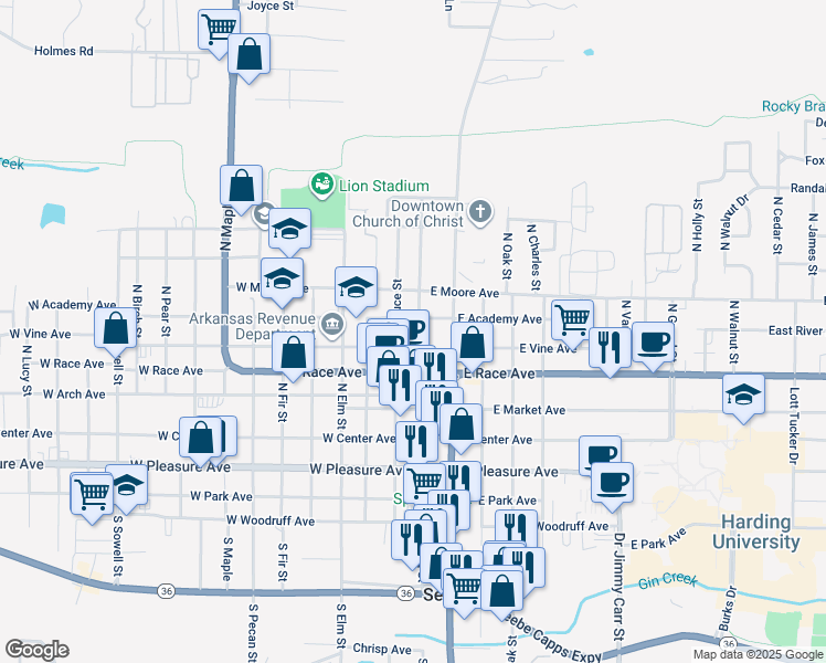 map of restaurants, bars, coffee shops, grocery stores, and more near 501 North Spruce Street in Searcy