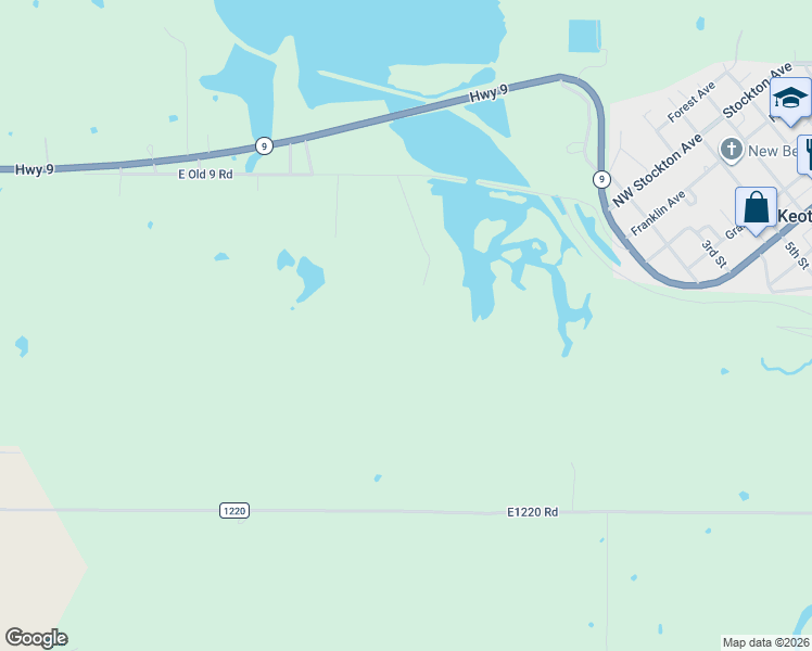map of restaurants, bars, coffee shops, grocery stores, and more near 40957 East Old 9 Road in Keota