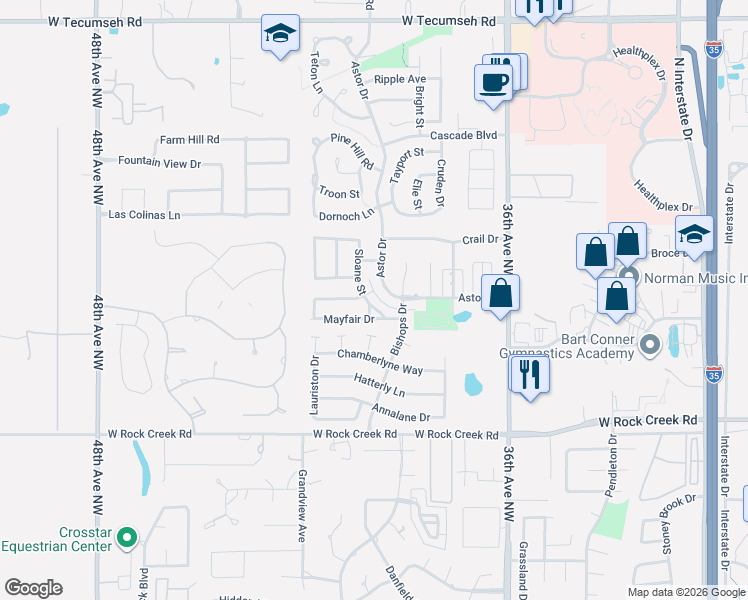 map of restaurants, bars, coffee shops, grocery stores, and more near 3914 Mayfair Drive in Norman