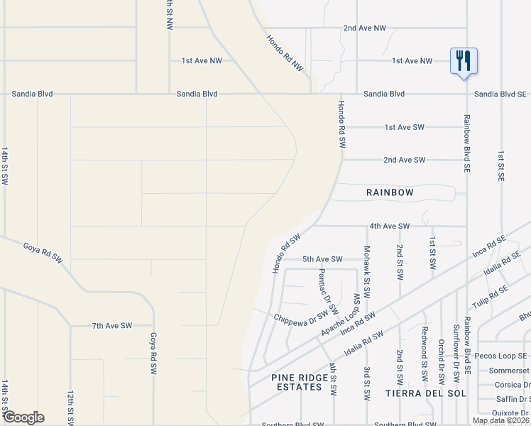 map of restaurants, bars, coffee shops, grocery stores, and more near 330 Hildago Road Northwest in Rio Rancho