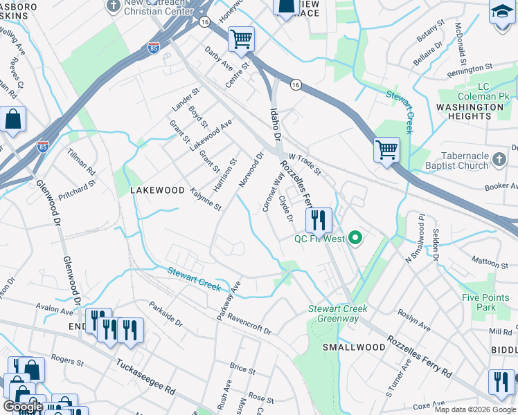 map of restaurants, bars, coffee shops, grocery stores, and more near 2933 Coronet Way in Charlotte