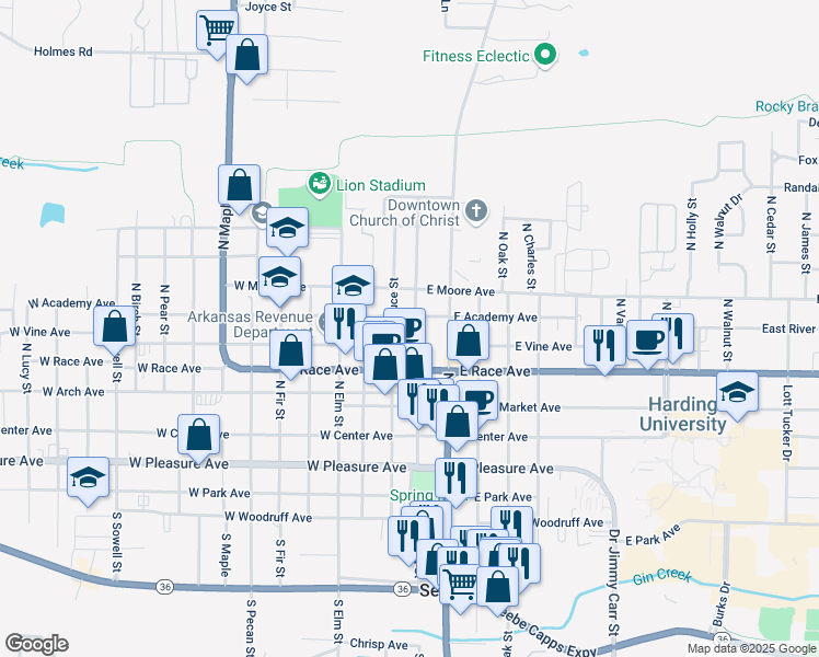 map of restaurants, bars, coffee shops, grocery stores, and more near 501 North Spruce Street in Searcy