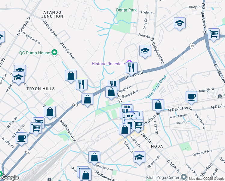 map of restaurants, bars, coffee shops, grocery stores, and more near 136 East 36th Street in Charlotte
