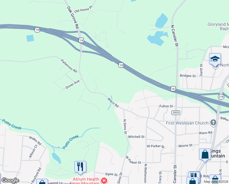 map of restaurants, bars, coffee shops, grocery stores, and more near 526 Waco Road in Kings Mountain