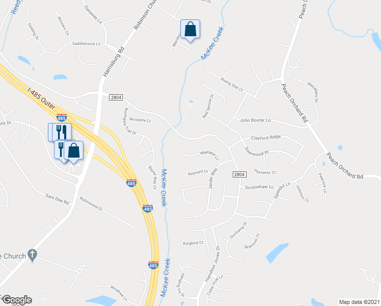 map of restaurants, bars, coffee shops, grocery stores, and more near 7324 Maitland Lane in Charlotte