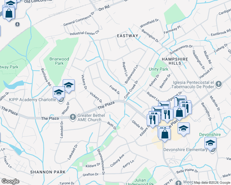 map of restaurants, bars, coffee shops, grocery stores, and more near 526 Frank Drive in Charlotte