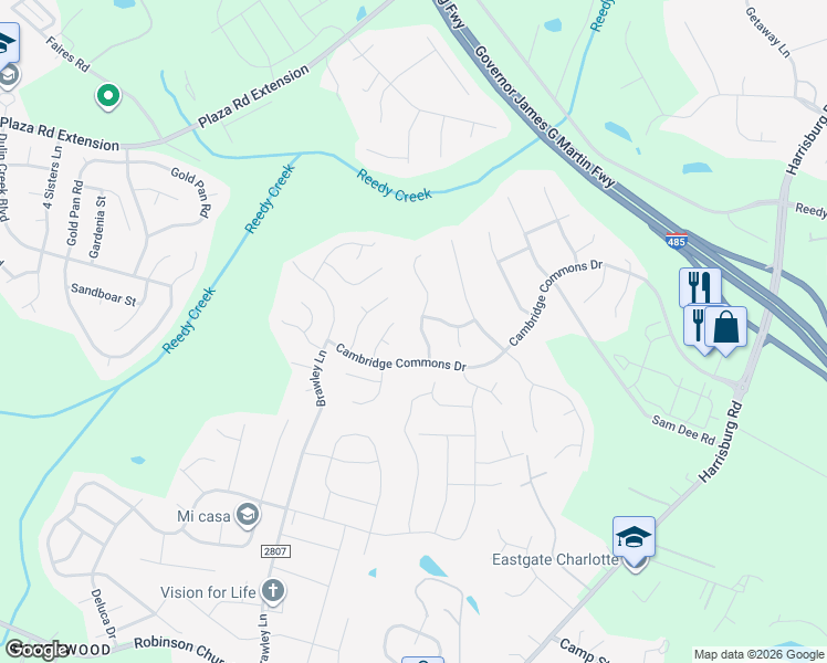 map of restaurants, bars, coffee shops, grocery stores, and more near 8501 Woodhill Manor Court in Charlotte