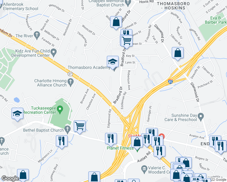 map of restaurants, bars, coffee shops, grocery stores, and more near 4414 Eddleman Road in Charlotte
