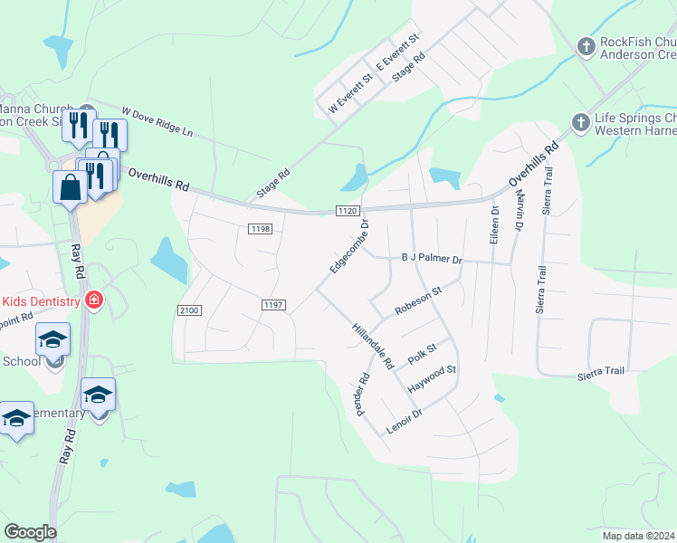 map of restaurants, bars, coffee shops, grocery stores, and more near 165 Edgecombe Drive in Spring Lake