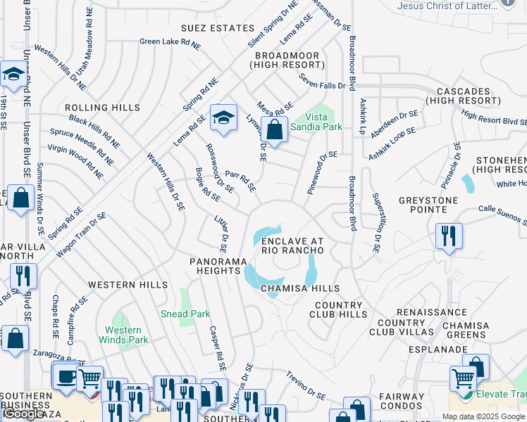 map of restaurants, bars, coffee shops, grocery stores, and more near 382 Nicklaus Drive Southeast in Rio Rancho