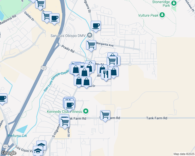 map of restaurants, bars, coffee shops, grocery stores, and more near 254 Granada Drive in San Luis Obispo