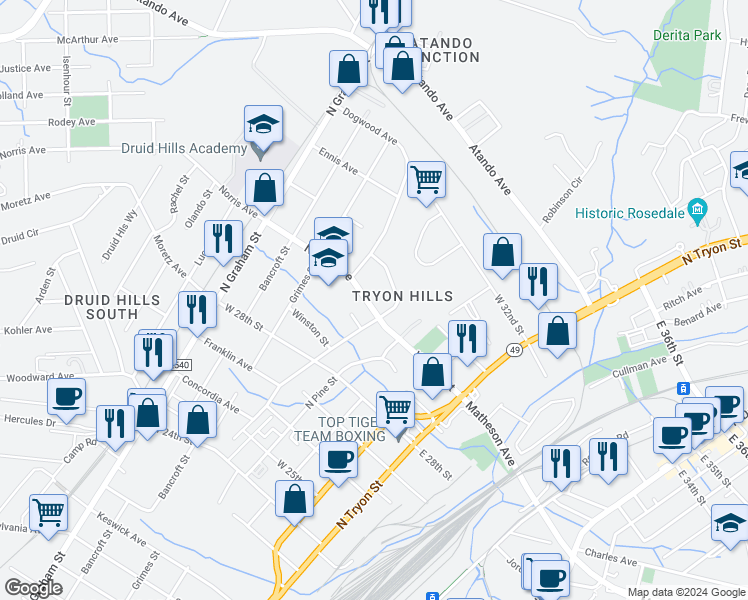 map of restaurants, bars, coffee shops, grocery stores, and more near 414 Norris Avenue in Charlotte