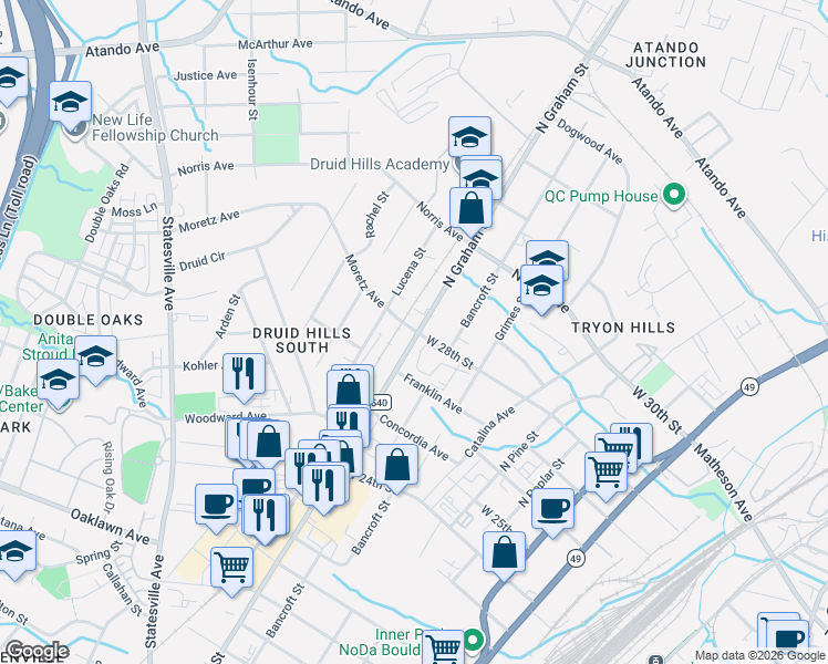map of restaurants, bars, coffee shops, grocery stores, and more near in Charlotte