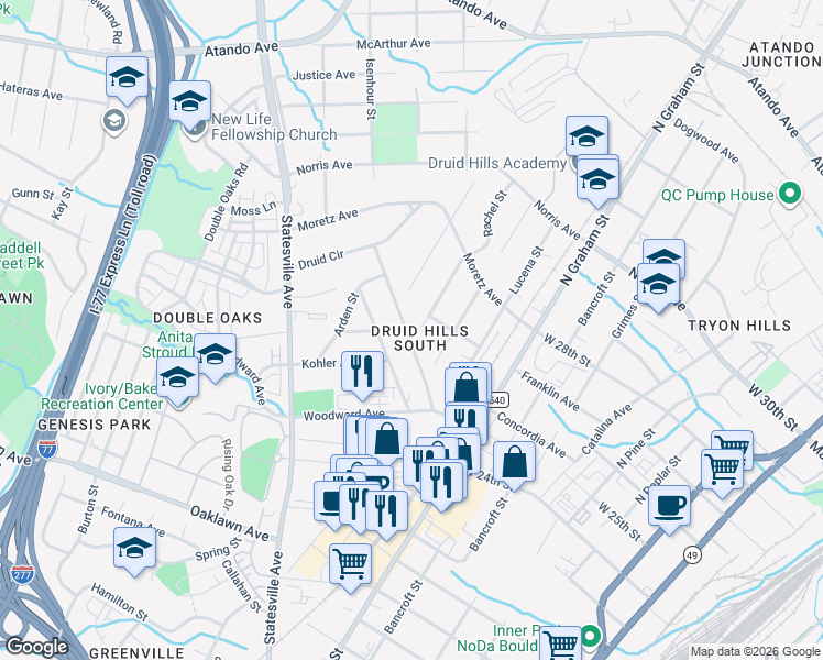 map of restaurants, bars, coffee shops, grocery stores, and more near in Charlotte