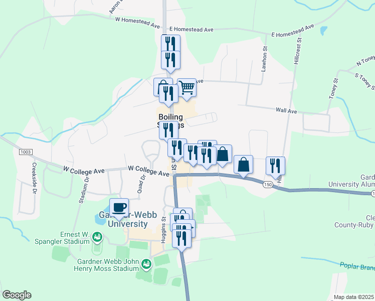 map of restaurants, bars, coffee shops, grocery stores, and more near 117 Hamrick Avenue in Shelby