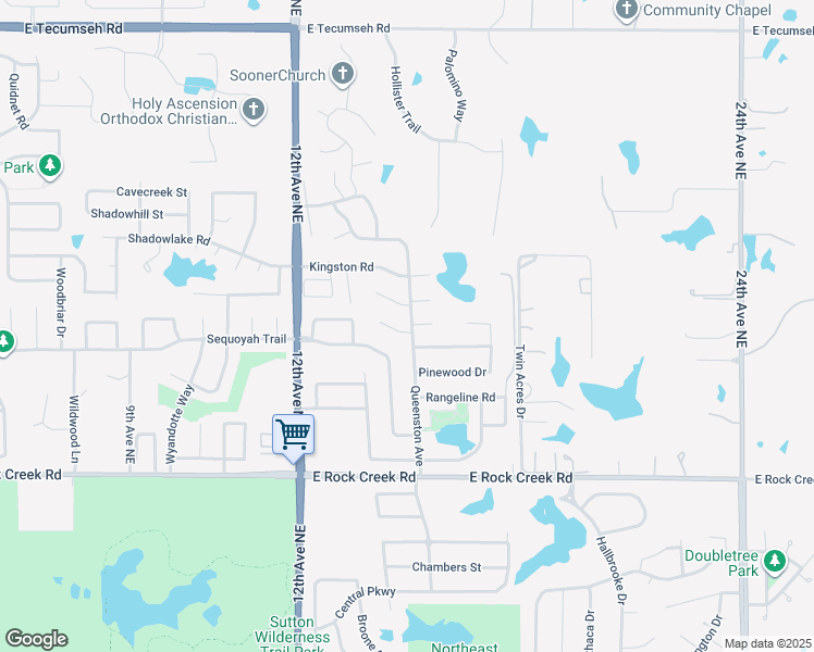 map of restaurants, bars, coffee shops, grocery stores, and more near 2715 Queenston Avenue in Norman