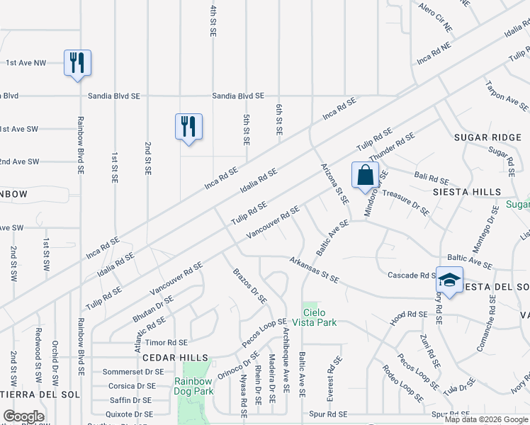 map of restaurants, bars, coffee shops, grocery stores, and more near 380 Vancouver Road Southeast in Rio Rancho