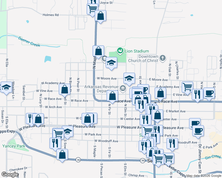 map of restaurants, bars, coffee shops, grocery stores, and more near 509 West Vine Avenue in Searcy