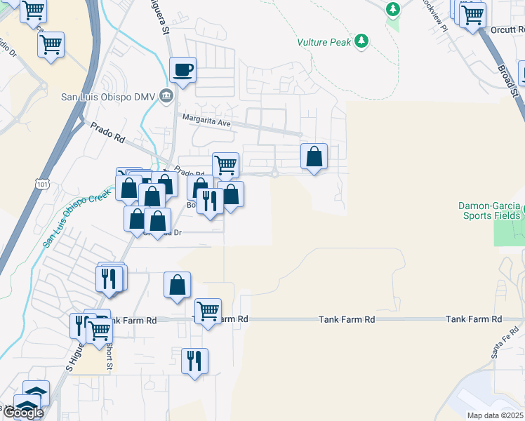 map of restaurants, bars, coffee shops, grocery stores, and more near Prado Road in San Luis Obispo