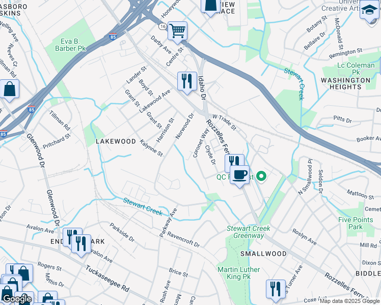 map of restaurants, bars, coffee shops, grocery stores, and more near 2957 Coronet Way in Charlotte