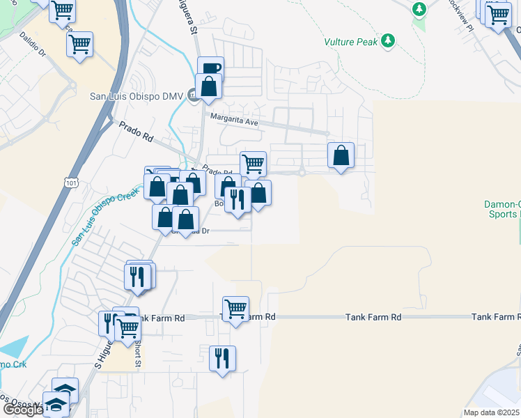 map of restaurants, bars, coffee shops, grocery stores, and more near 3511 South Higuera Street in San Luis Obispo