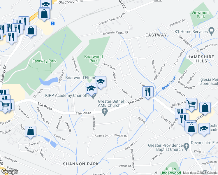 map of restaurants, bars, coffee shops, grocery stores, and more near 5400 Rocha Court in Charlotte