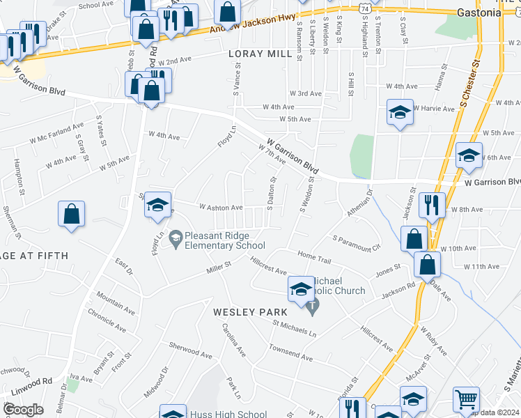 map of restaurants, bars, coffee shops, grocery stores, and more near 101 Miller Street in Gastonia