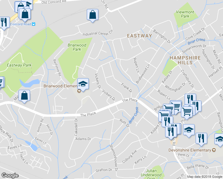 map of restaurants, bars, coffee shops, grocery stores, and more near 440 Briarwood Drive in Charlotte