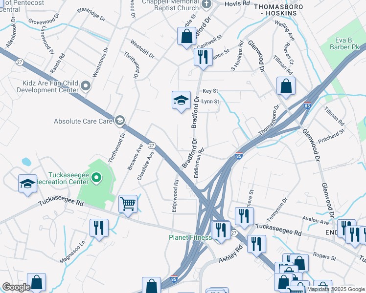 map of restaurants, bars, coffee shops, grocery stores, and more near 642 Bradford Drive in Charlotte
