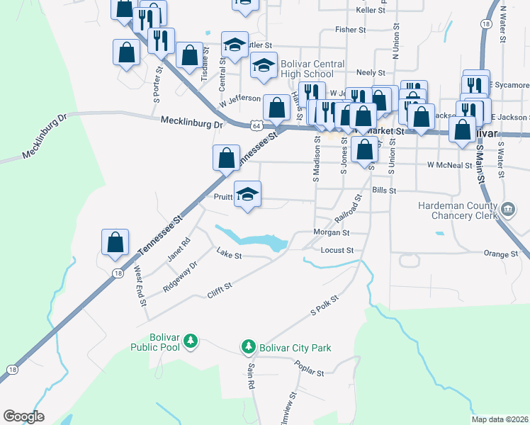 map of restaurants, bars, coffee shops, grocery stores, and more near 915 Pruitt Street in Bolivar