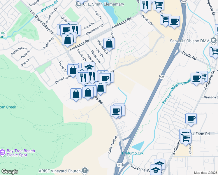 map of restaurants, bars, coffee shops, grocery stores, and more near 11990 Los Osos Valley Road in San Luis Obispo