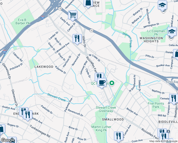 map of restaurants, bars, coffee shops, grocery stores, and more near 3009 Rozzelles Ferry Road in Charlotte