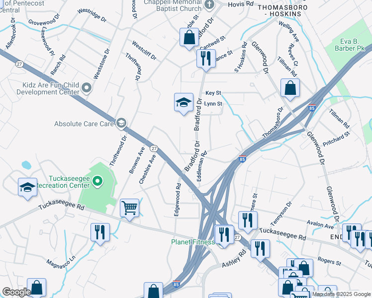 map of restaurants, bars, coffee shops, grocery stores, and more near 642 Bradford Drive in Charlotte