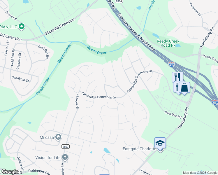 map of restaurants, bars, coffee shops, grocery stores, and more near 8609 Hornwood Court in Charlotte