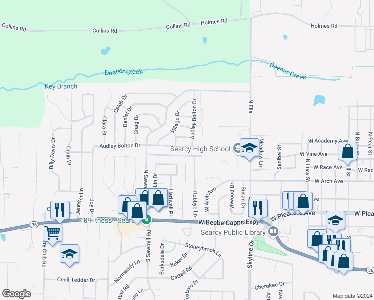 map of restaurants, bars, coffee shops, grocery stores, and more near 2005 Audley Bolton Drive in Searcy