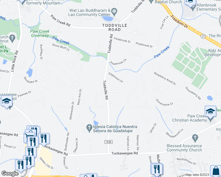 map of restaurants, bars, coffee shops, grocery stores, and more near 2746 Dogwood Circle in Charlotte