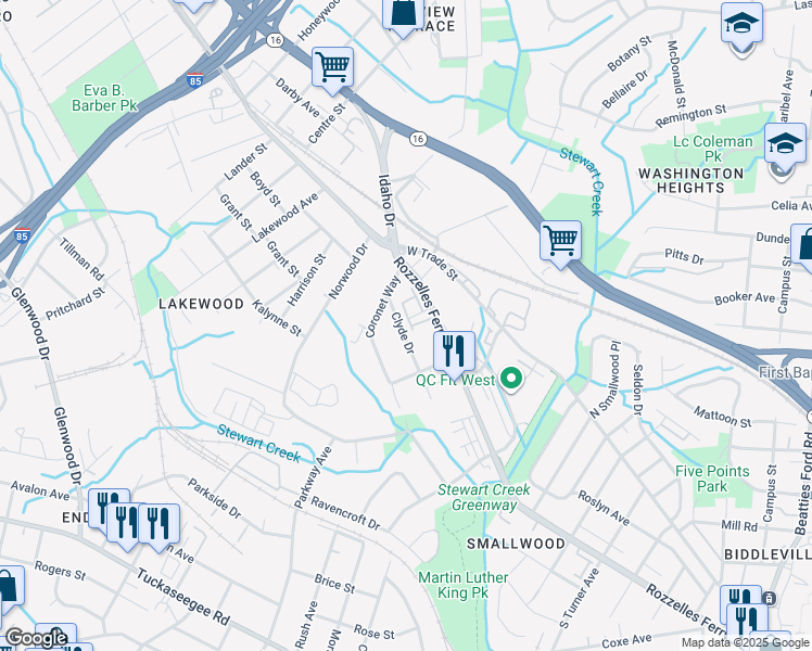 map of restaurants, bars, coffee shops, grocery stores, and more near 3009 Rozzelles Ferry Road in Charlotte