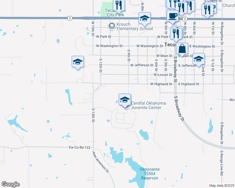 map of restaurants, bars, coffee shops, grocery stores, and more near 716 West Highland Street in Tecumseh