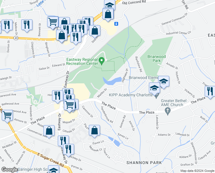 map of restaurants, bars, coffee shops, grocery stores, and more near 4923 Malibu Drive in Charlotte