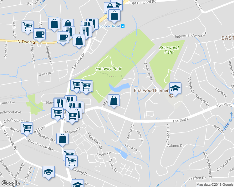 map of restaurants, bars, coffee shops, grocery stores, and more near 4931 Malibu Drive in Charlotte