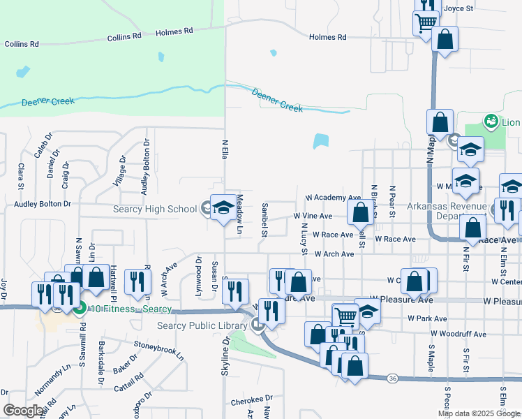 map of restaurants, bars, coffee shops, grocery stores, and more near 510 Sanibel Street in Searcy