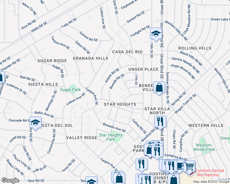 map of restaurants, bars, coffee shops, grocery stores, and more near 1705 Geraldine Place Southeast in Rio Rancho