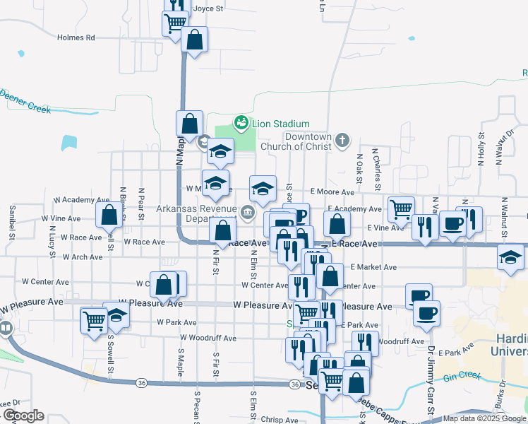 map of restaurants, bars, coffee shops, grocery stores, and more near 308 West Vine Avenue in Searcy