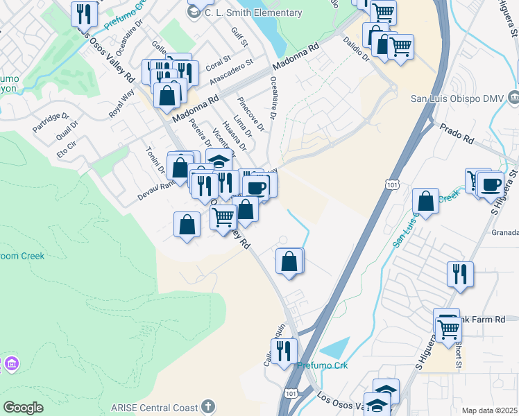 map of restaurants, bars, coffee shops, grocery stores, and more near Froom Ranch Way in San Luis Obispo