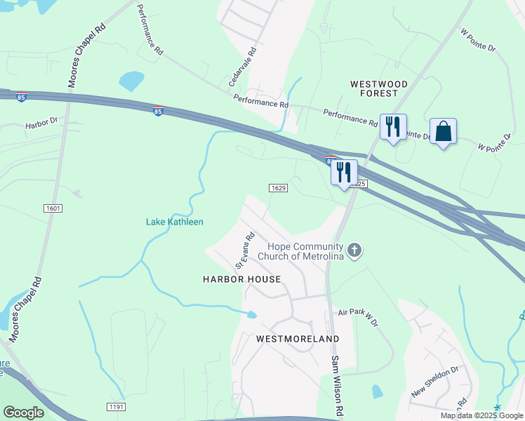map of restaurants, bars, coffee shops, grocery stores, and more near 3020 Overbrook Terrace in Charlotte