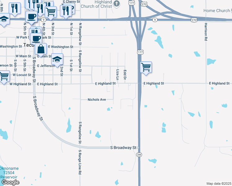 map of restaurants, bars, coffee shops, grocery stores, and more near 505 South Kathy Drive in Tecumseh