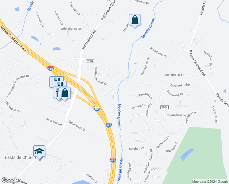 map of restaurants, bars, coffee shops, grocery stores, and more near 10702 Northgate Trail Drive in Charlotte