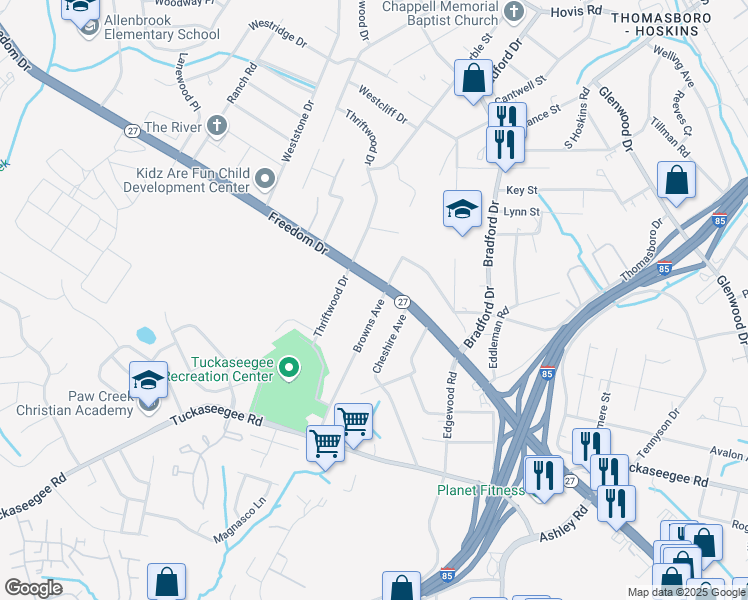 map of restaurants, bars, coffee shops, grocery stores, and more near 1518 Browns Avenue in Charlotte